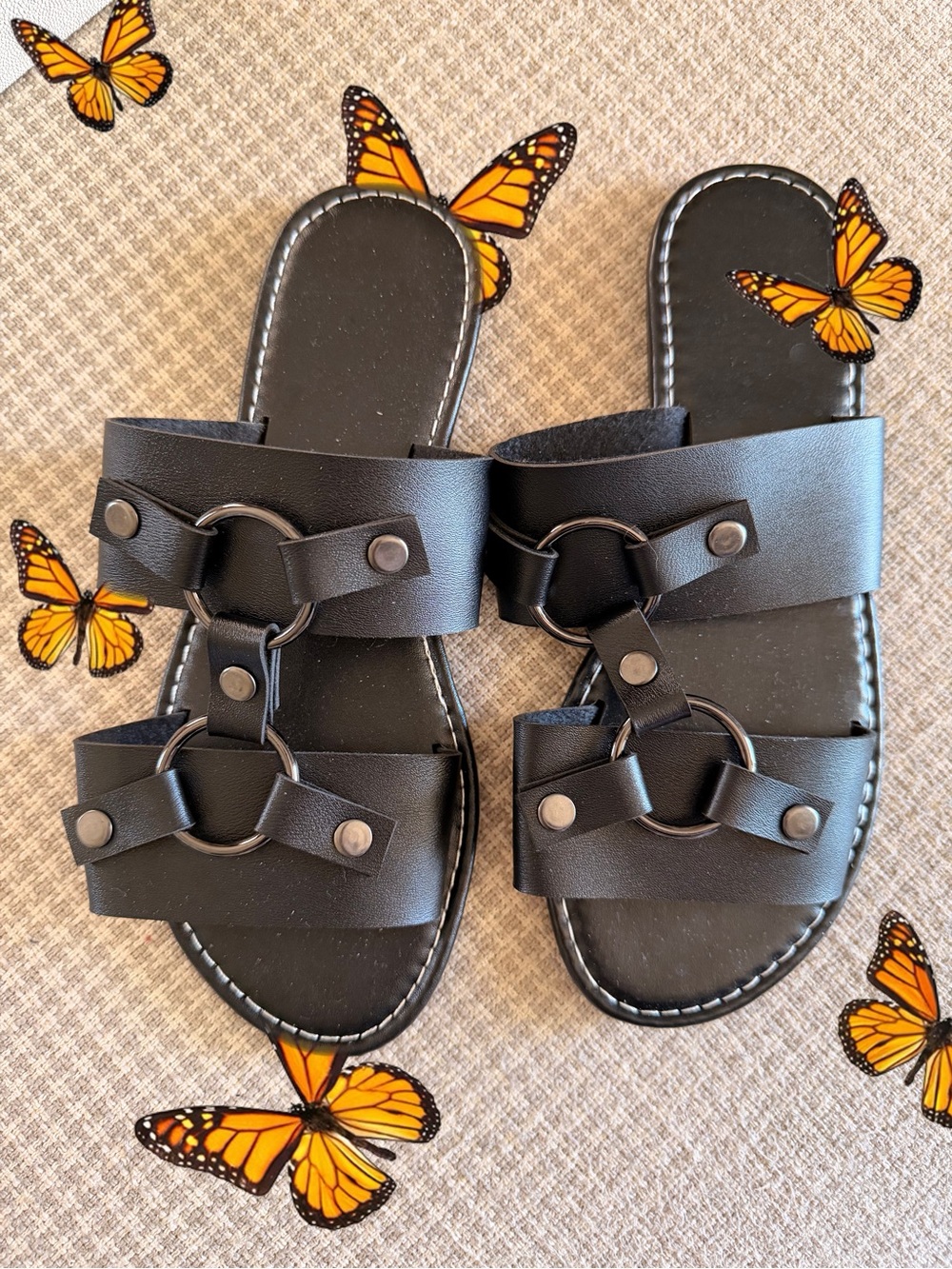 Black Double Strap Ring Slide Sandals Size 39 (8)